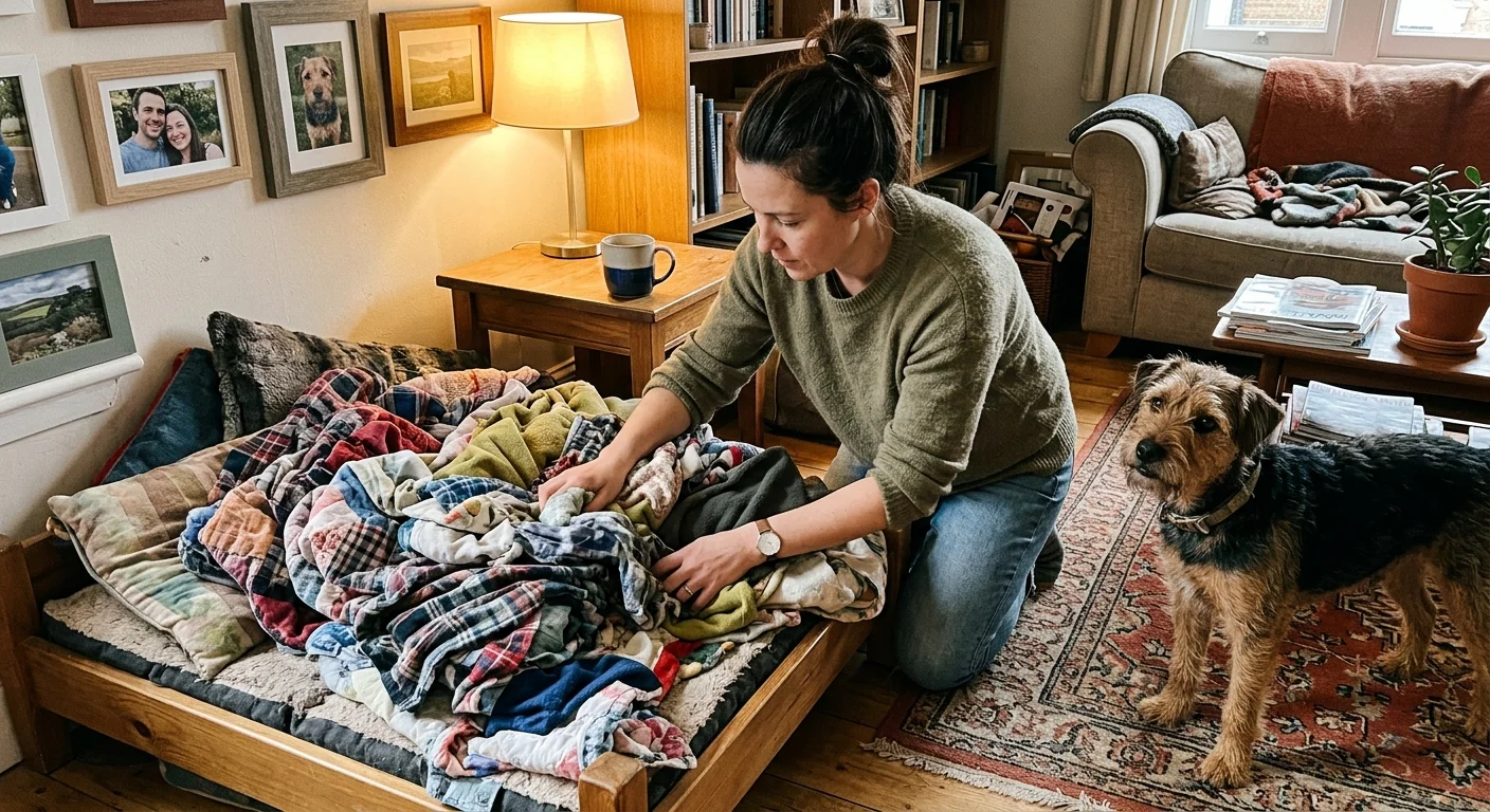 Snapshot-style photo of a dog owner adjusting an over-stuffed dog bed while a scruffy terrier watches.