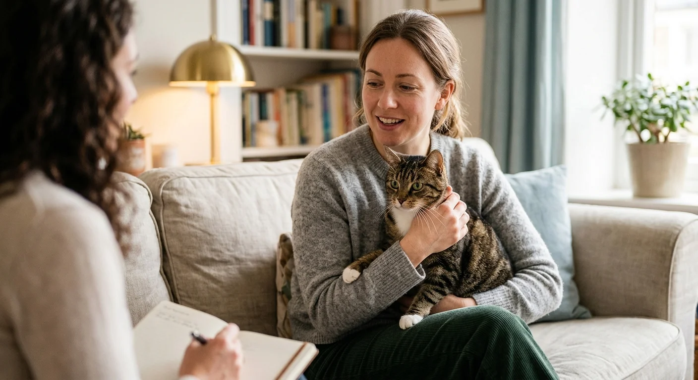 Softly lit photograph of a cat owner comforting their tabby cat while consulting with a behaviorist in a cozy living room.