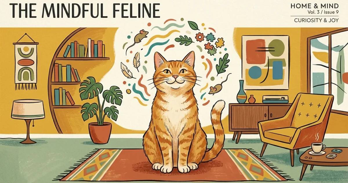 Stylized gouache illustration of a happy ginger cat surrounded by colorful, abstract icons of play and mental enrichment.