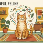 Stylized gouache illustration of a happy ginger cat surrounded by colorful, abstract icons of play and mental enrichment.