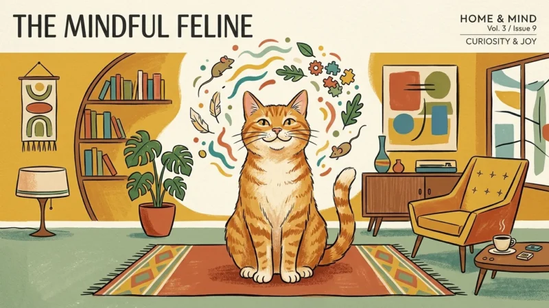 Stylized gouache illustration of a happy ginger cat surrounded by colorful, abstract icons of play and mental enrichment.