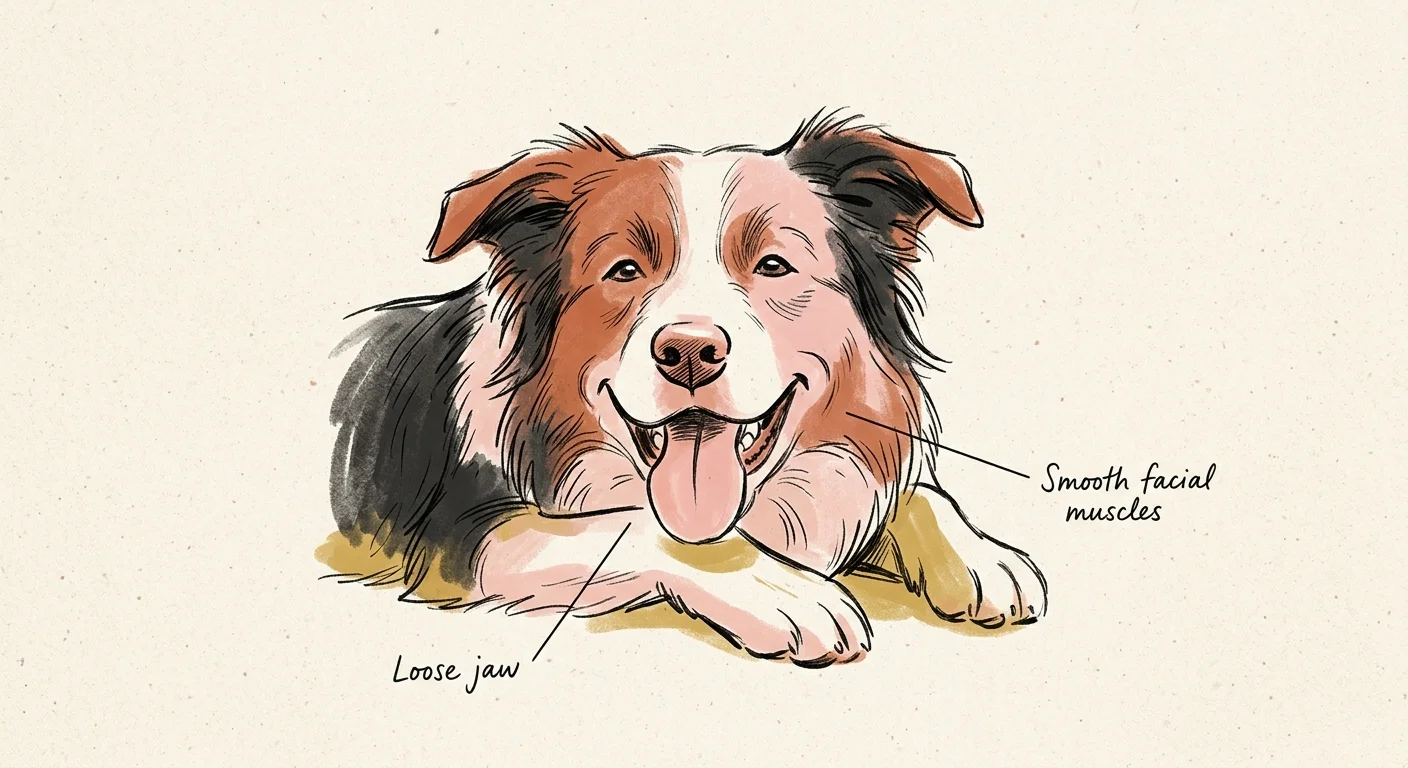 Illustration of a smiling collie-type dog with labels pointing to its loose jaw and smooth facial muscles.