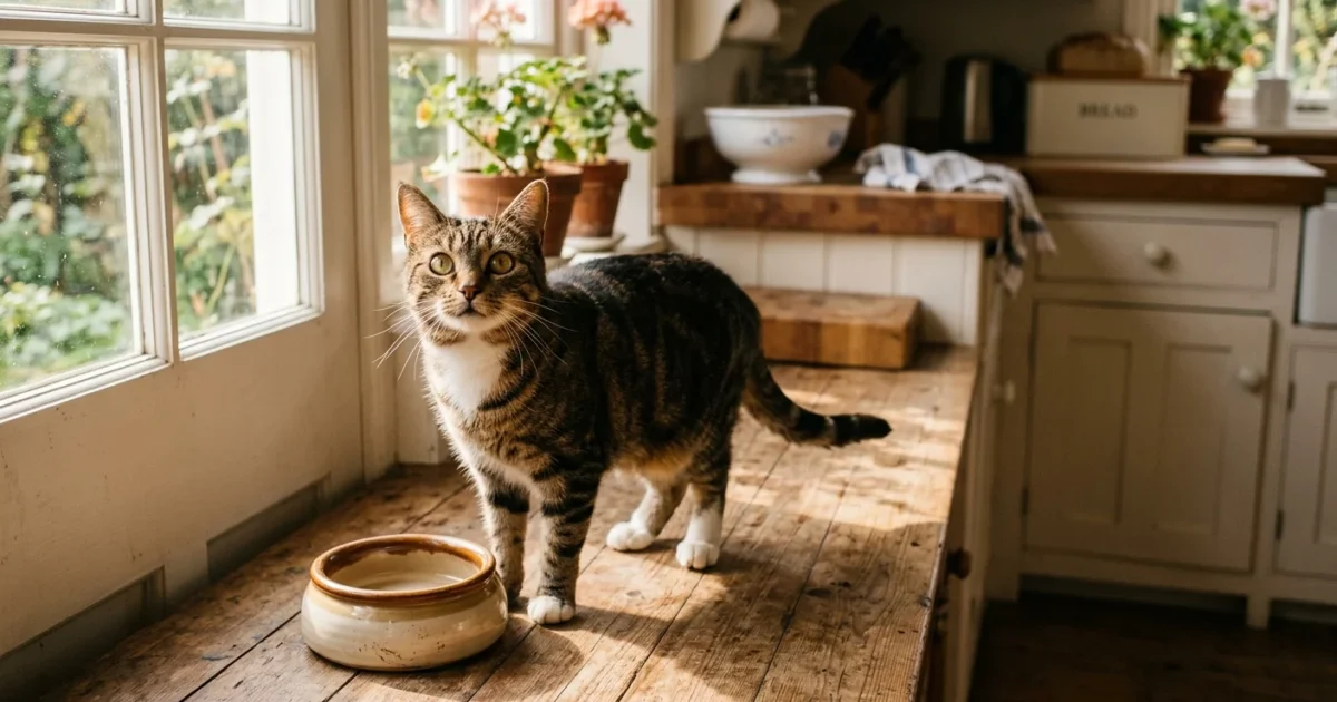 Tabby cat standing on a rustic wooden countertop next to an empty ceramic food bowl by a bright window.