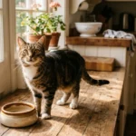 Tabby cat standing on a rustic wooden countertop next to an empty ceramic food bowl by a bright window.