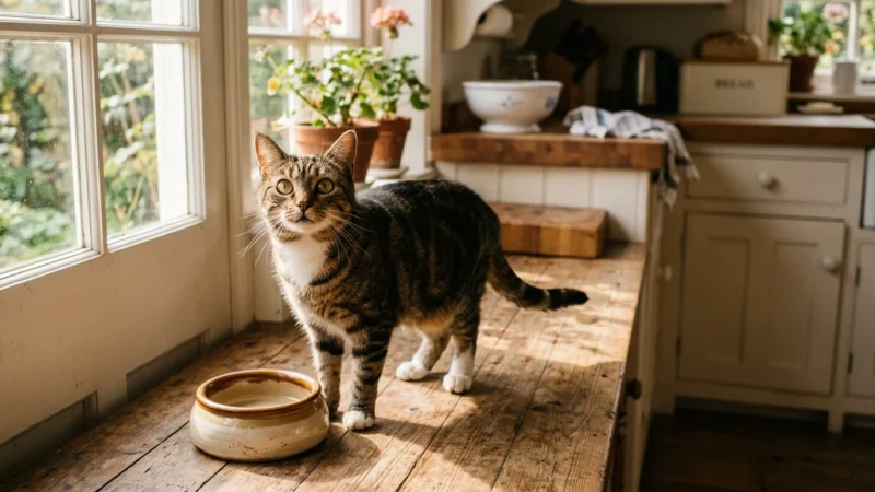 Tabby cat standing on a rustic wooden countertop next to an empty ceramic food bowl by a bright window.