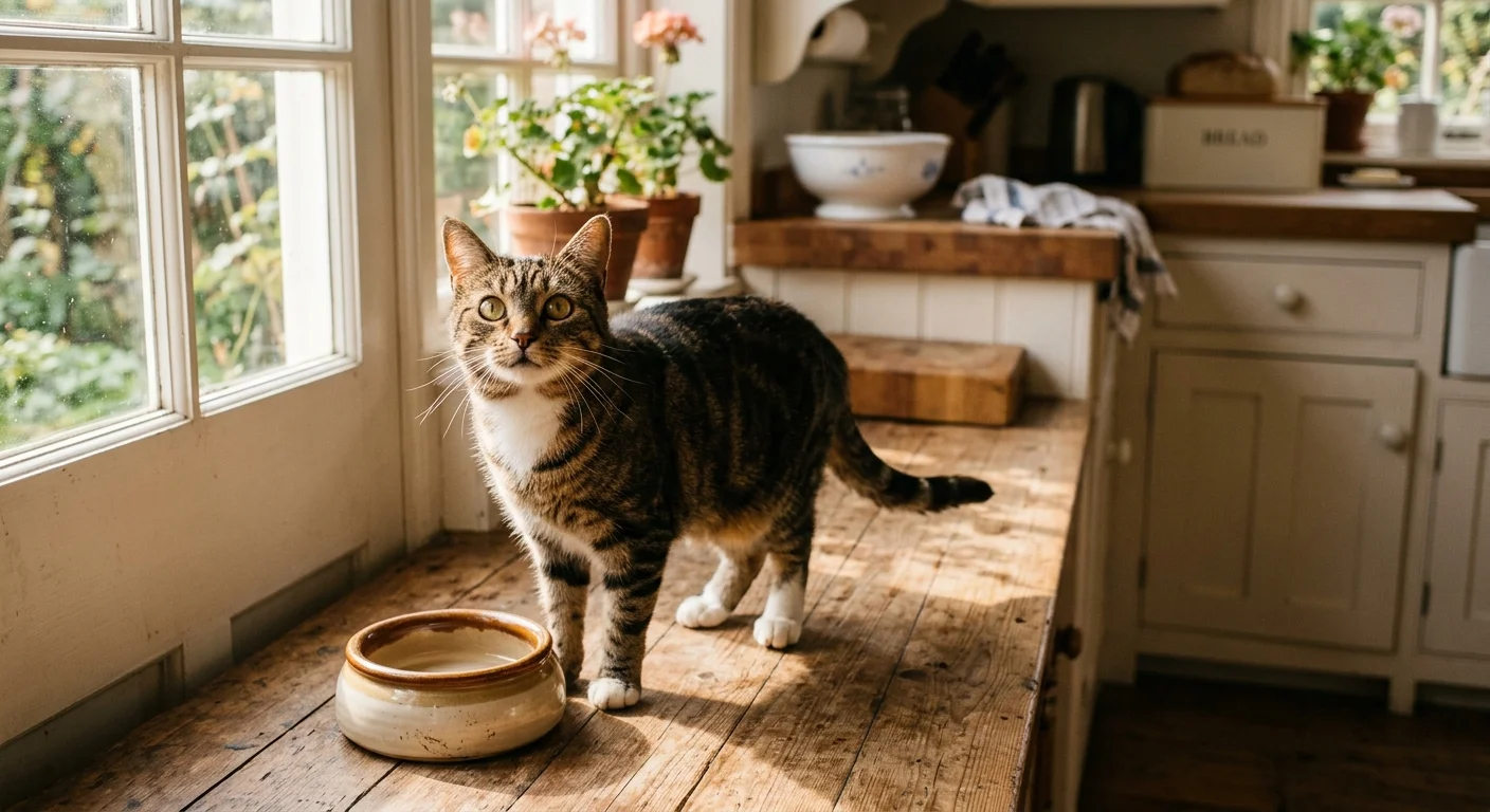 Tabby cat standing on a rustic wooden countertop next to an empty ceramic food bowl by a bright window.