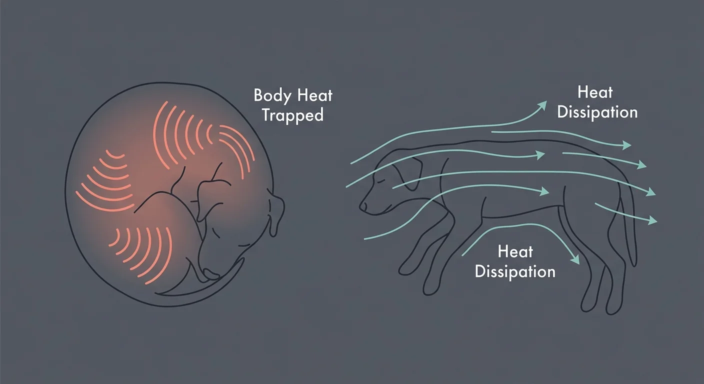 Thermal regulation diagram showing a dog in a curled 'donut' pose trapping heat versus a stretched pose releasing heat.