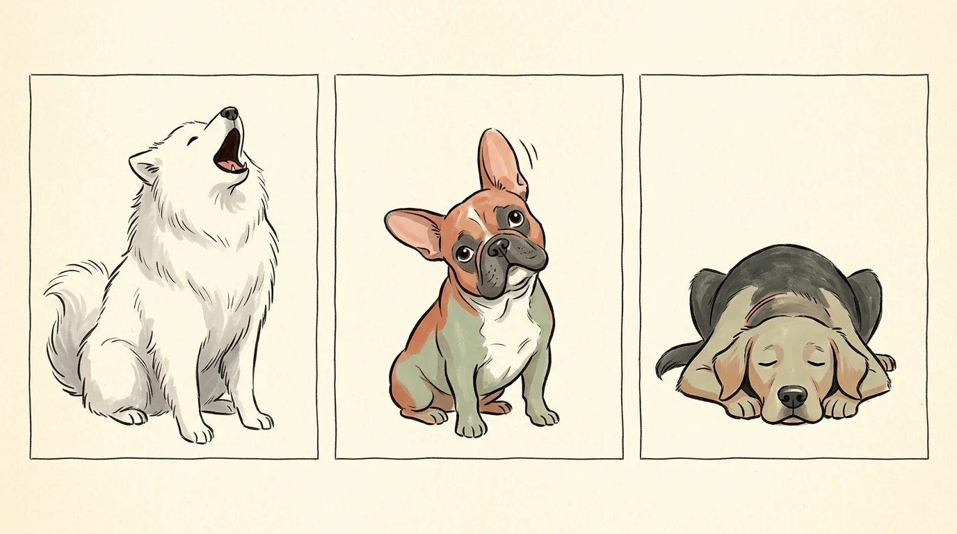 Three illustrated panels showing a Samoyed howling, a French Bulldog tilting its head in confusion, and a retriever sleeping.