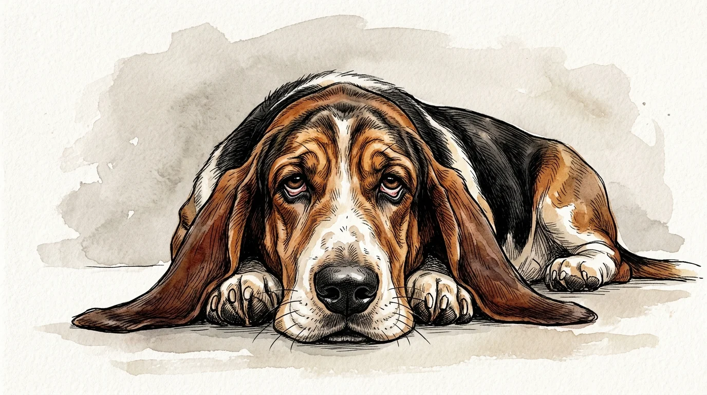 Tricolor Basset Hound watercolor illustration focusing on its droopy ears and heavy eyelids.