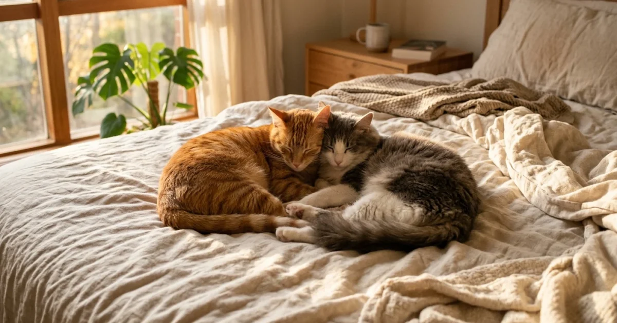 Two cats, a ginger tabby and a grey tabby, sleeping curled up together in a sunlit bedroom, demonstrating feline bonding.
