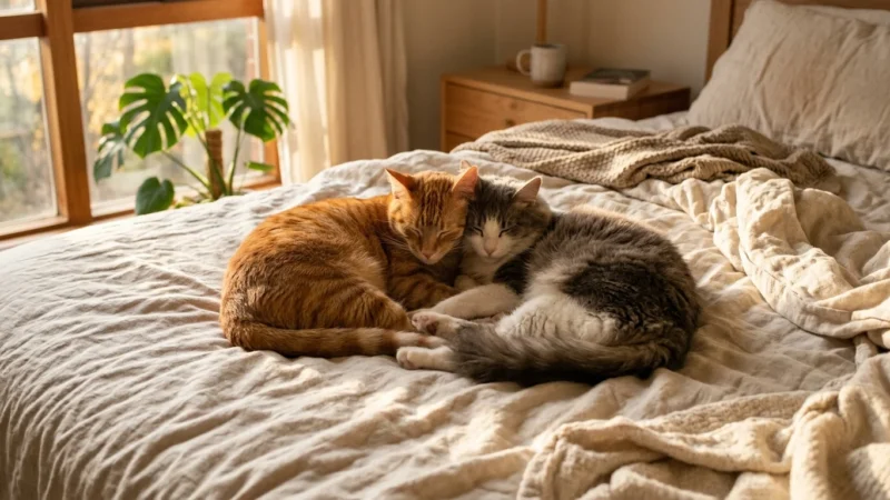 Two cats, a ginger tabby and a grey tabby, sleeping curled up together in a sunlit bedroom, demonstrating feline bonding.