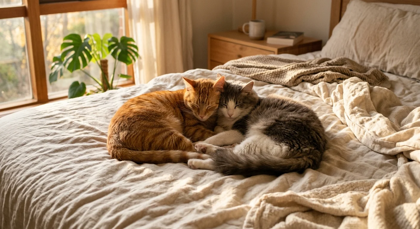 Two cats, a ginger tabby and a grey tabby, sleeping curled up together in a sunlit bedroom, demonstrating feline bonding.