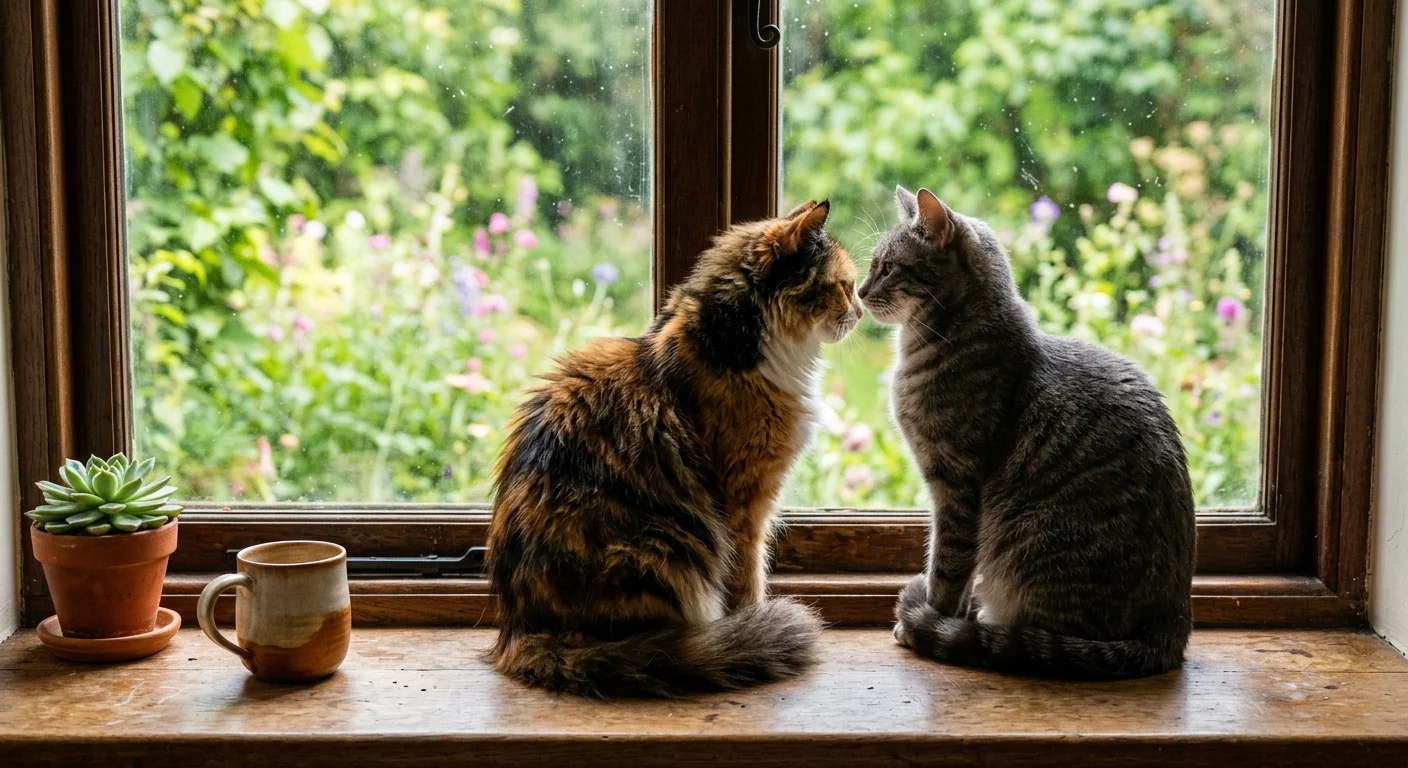 Two cats sitting side-by-side on a wooden window sill, their shoulders touching as they look out at a garden together.