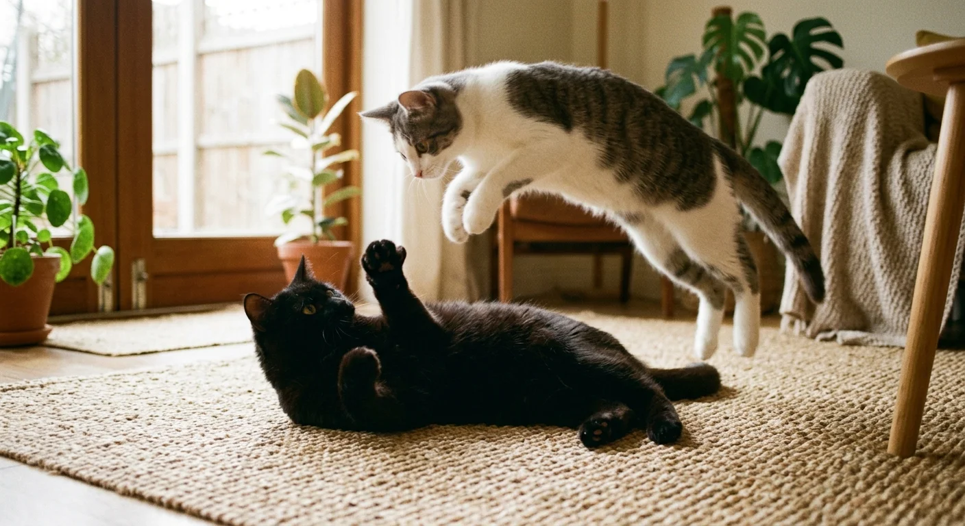 Two young cats playing playfully on a rug, with one cat on its back and the other pouncing, showing relaxed body language.