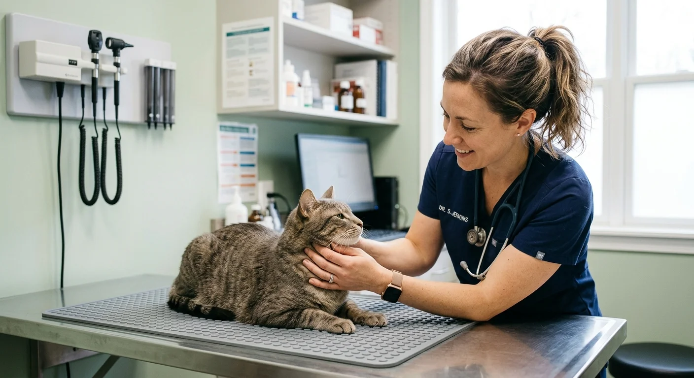 A smiling veterinarian in blue scrubs gently examines a tabby cat sitting on a stainless steel exam table.