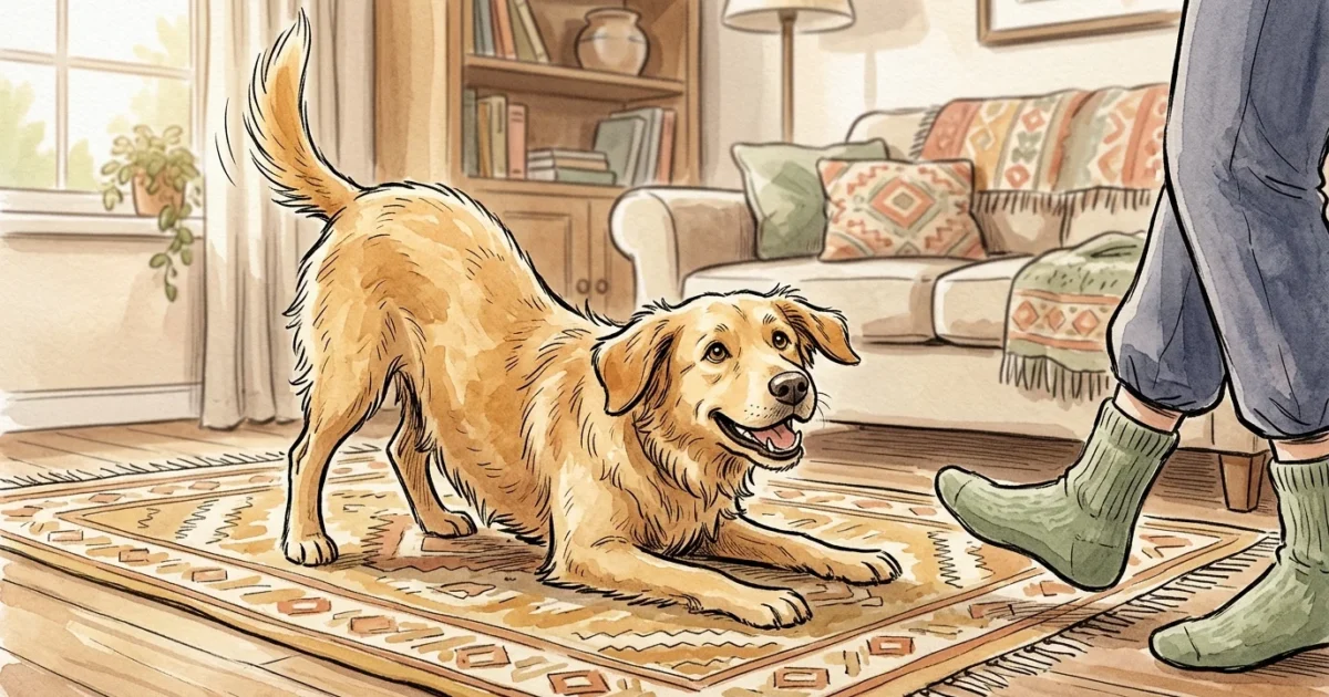 Warm watercolor illustration of a happy golden dog in a playful bow on a cozy rug, looking up with a gentle smile.