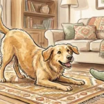 Warm watercolor illustration of a happy golden dog in a playful bow on a cozy rug, looking up with a gentle smile.