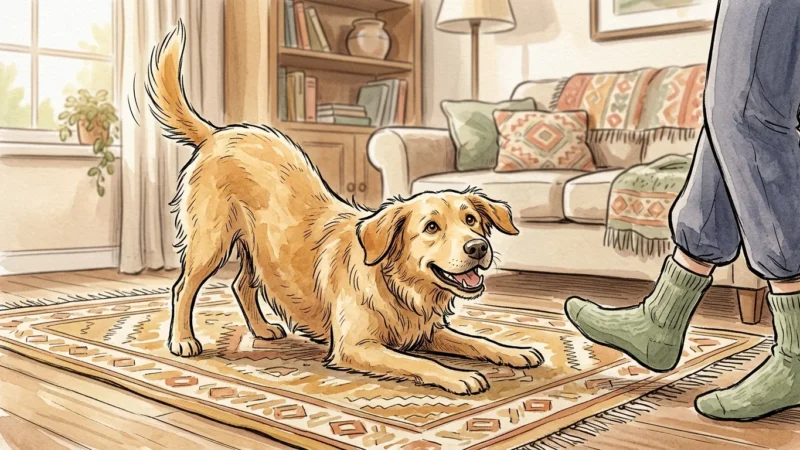 Warm watercolor illustration of a happy golden dog in a playful bow on a cozy rug, looking up with a gentle smile.