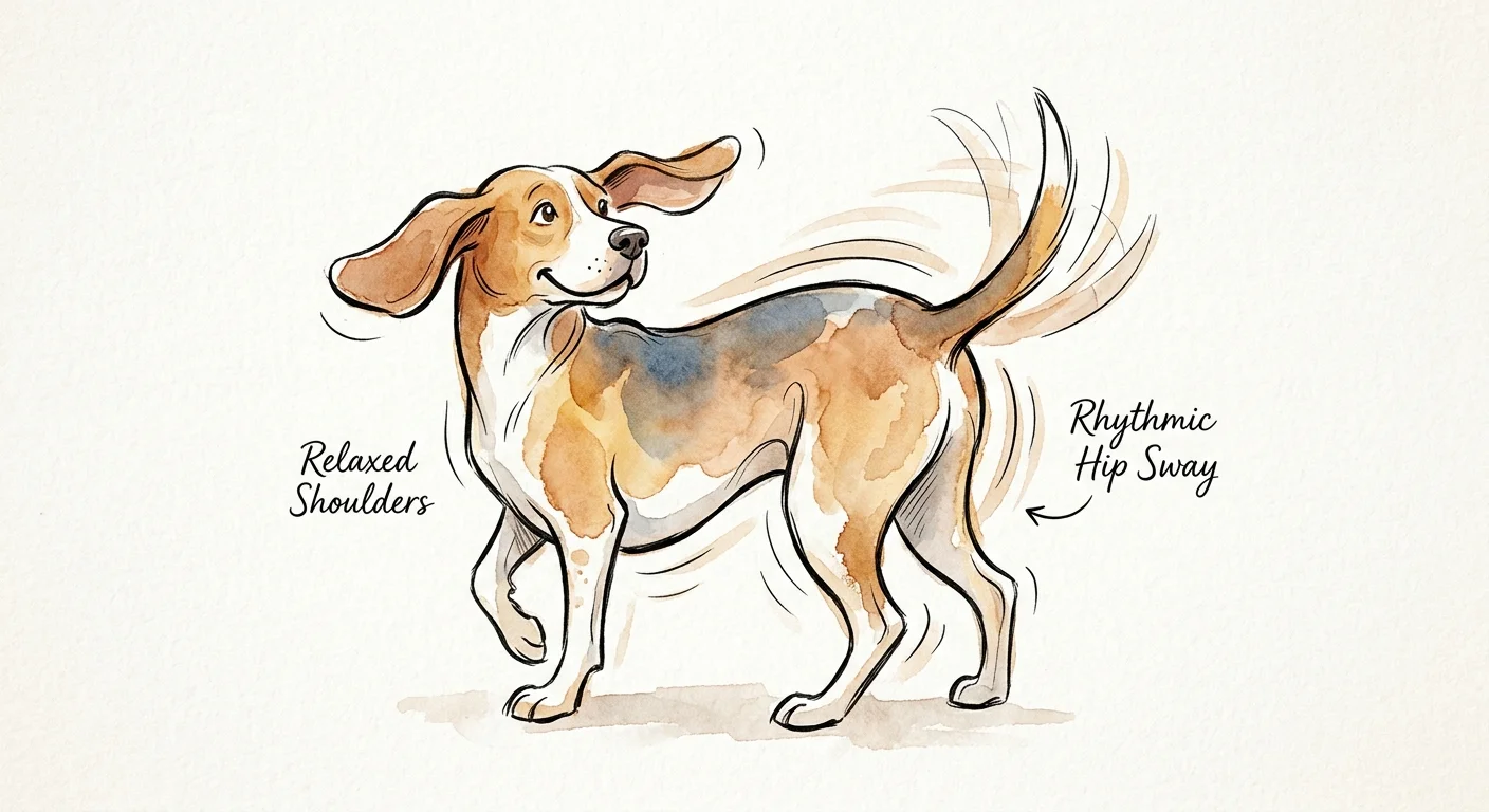 Watercolor sketch of a happy hound wagging its tail and body, labeled Relaxed Shoulders and Rhythmic Hip Sway.