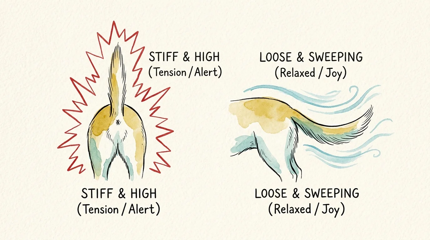 Watercolor diagram contrasting a stiff, high tail meaning tension with a loose, sweeping tail meaning joy.