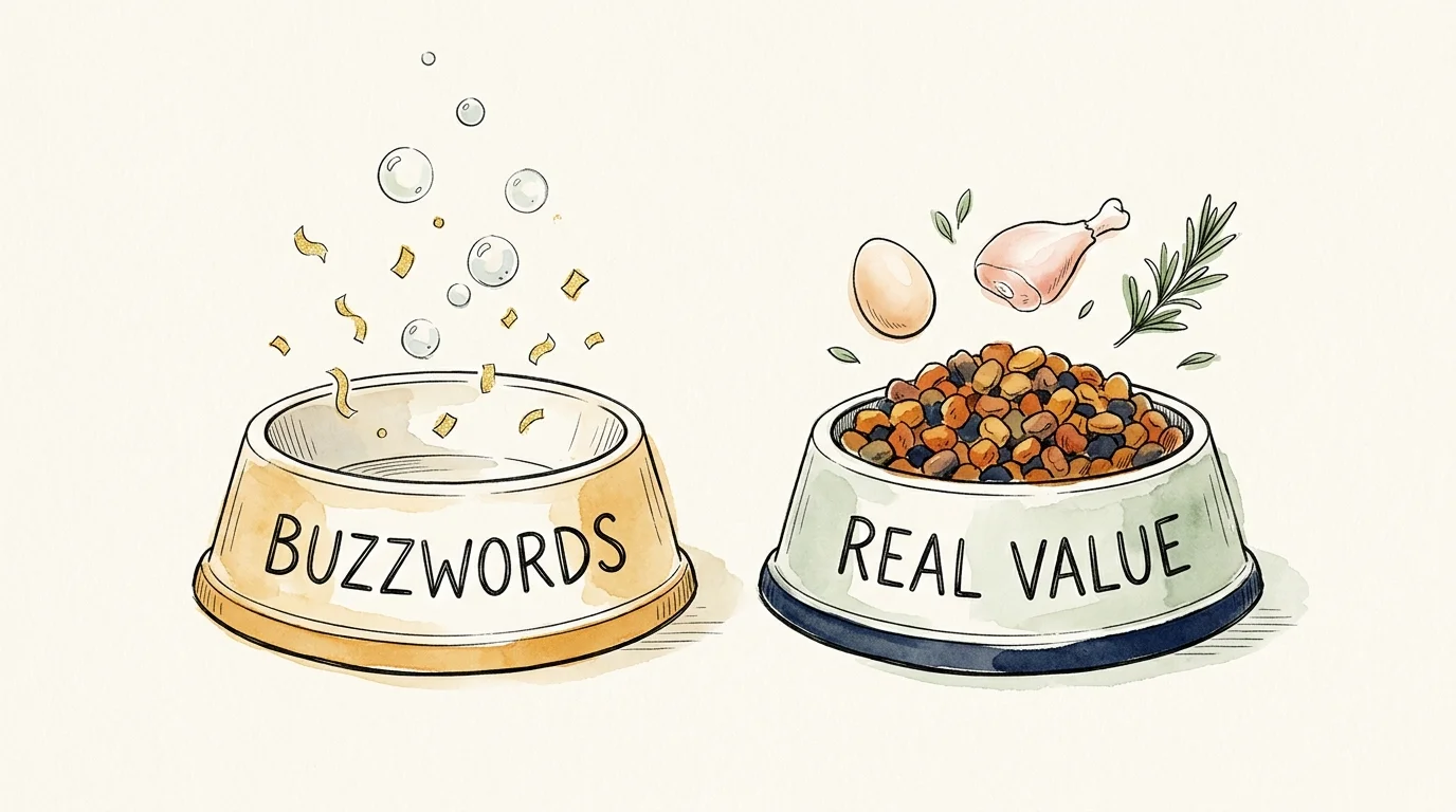 Watercolor illustration comparing an empty bowl of 'Buzzwords' to a full, nourishing bowl of 'Real Value' ingredients.