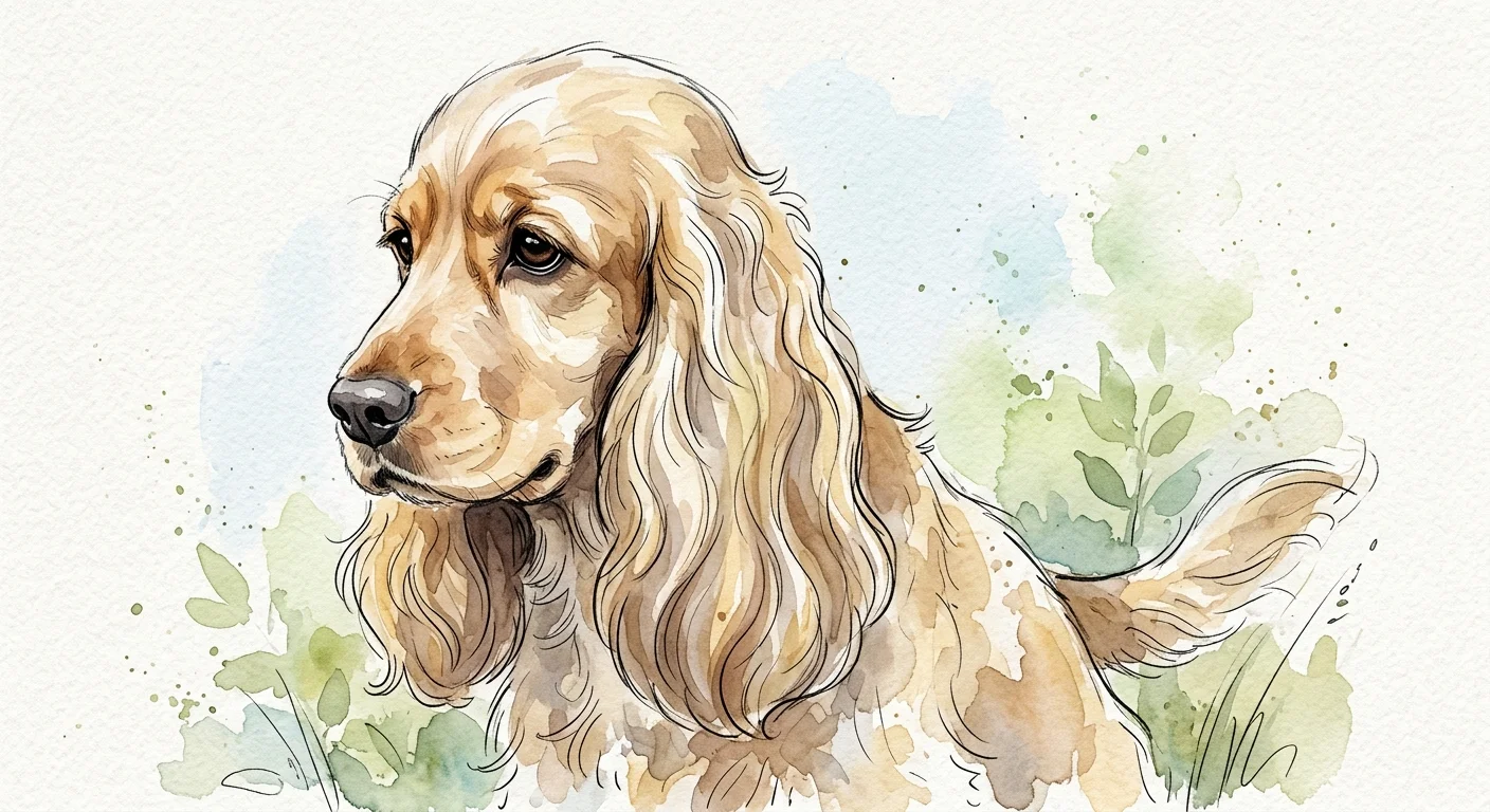 Watercolor illustration of a Cocker Spaniel showing its soulful eyes and long silky ears.