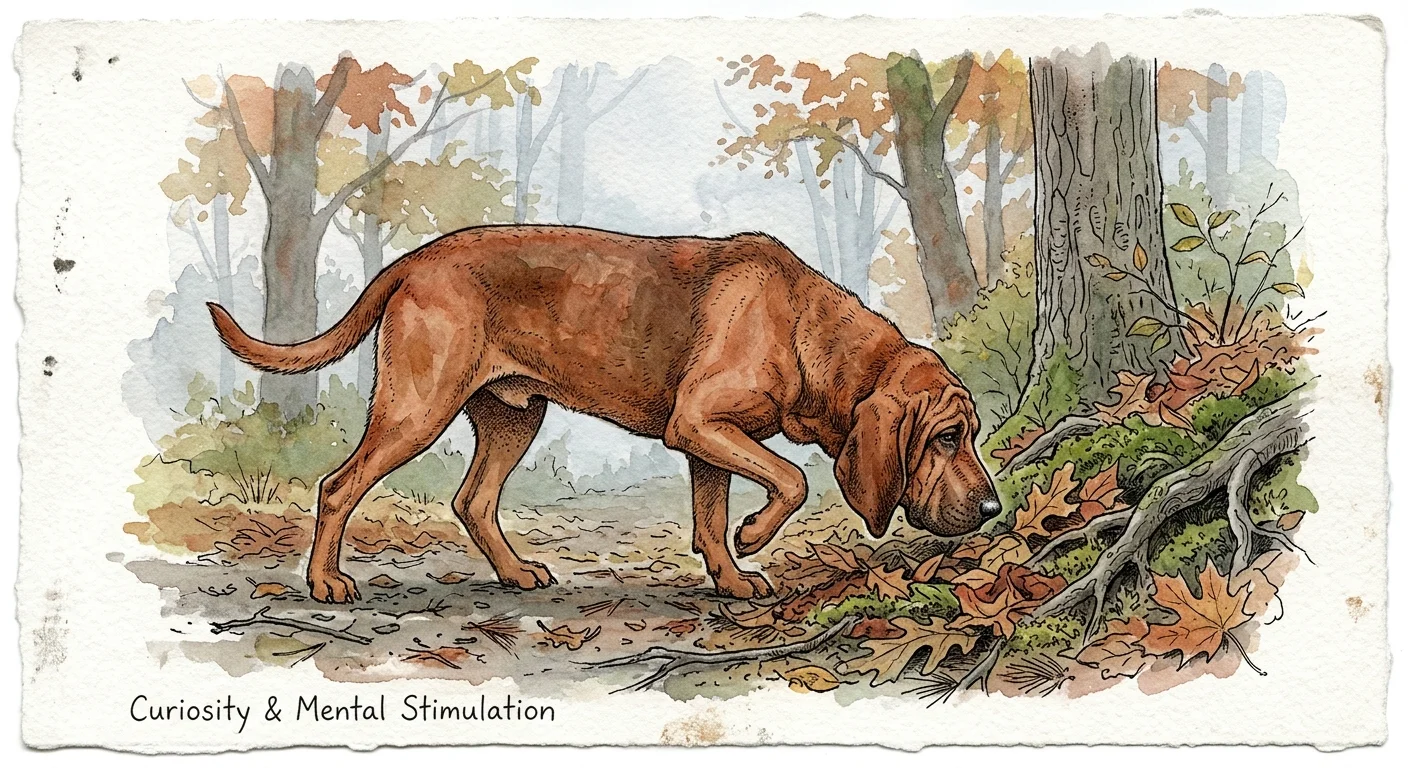 Watercolor illustration of a brown hound sniffing fallen leaves by tree roots along a wooded forest path.