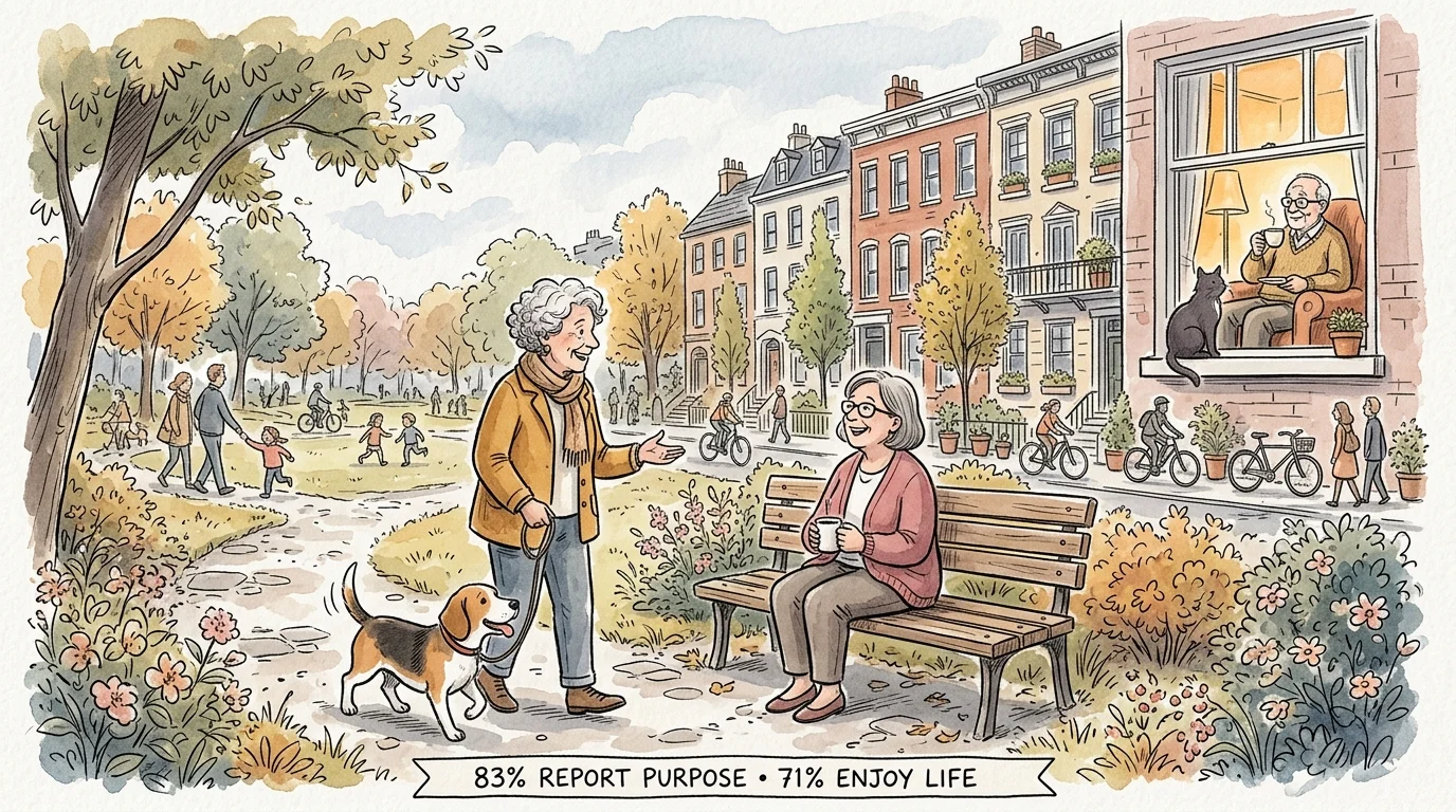 Watercolor illustration of an older woman walking a dog in a park, chatting with a friend on a bench near townhouses.