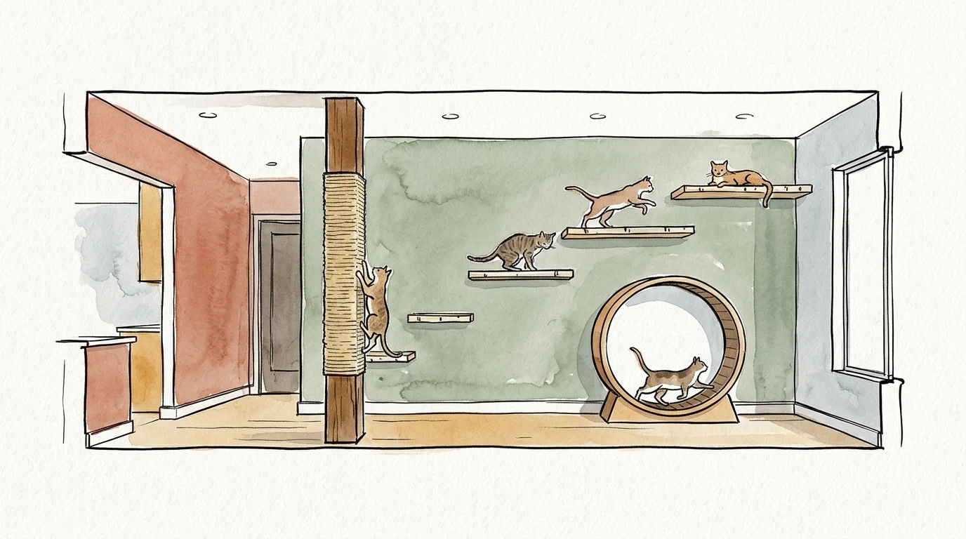 Illustration of cats climbing a rope-wrapped post, leaping along wall shelves, and running on an exercise wheel.