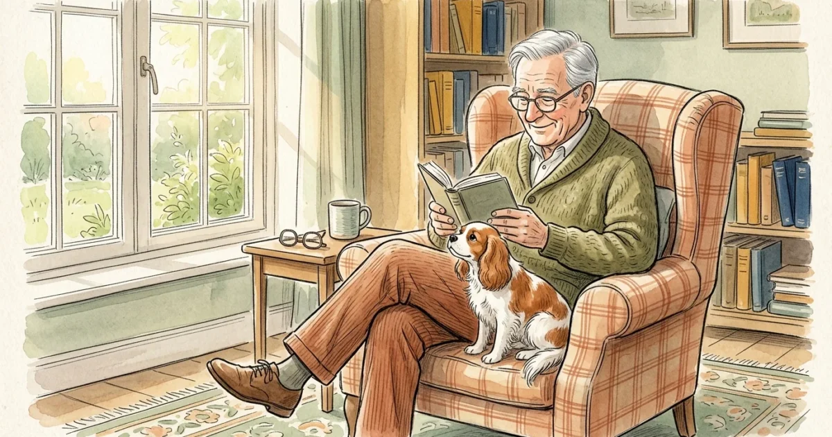 Watercolor illustration of a senior man reading in an armchair with a gentle Cavalier King Charles Spaniel resting on his lap.