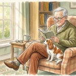 Watercolor illustration of a senior man reading in an armchair with a gentle Cavalier King Charles Spaniel resting on his lap.