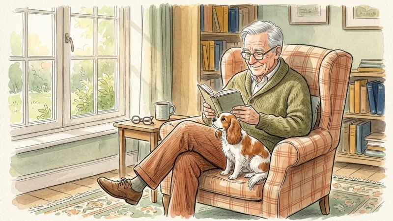 Watercolor illustration of a senior man reading in an armchair with a gentle Cavalier King Charles Spaniel resting on his lap.