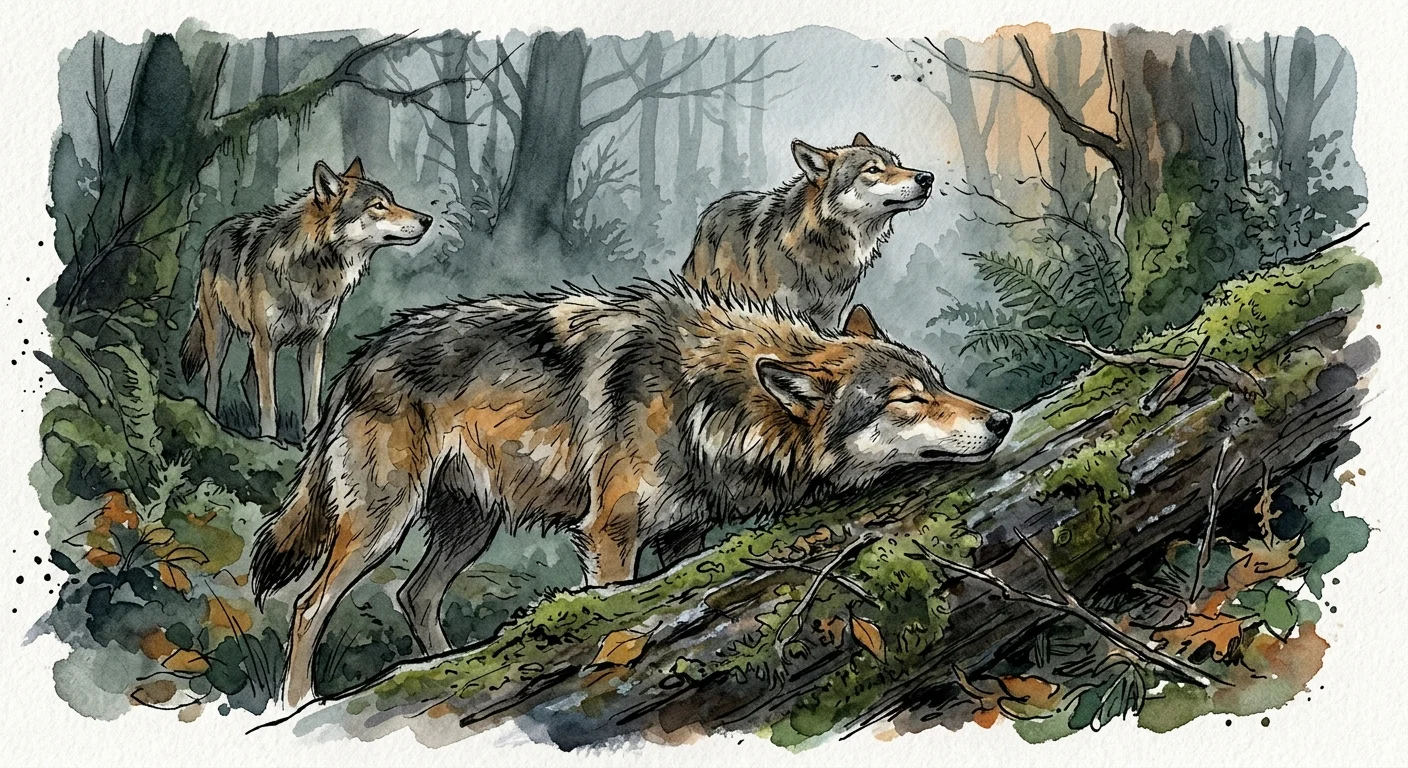 Watercolor illustration of a wolf rolling against a mossy log in a misty forest while other wolves sniff the air.