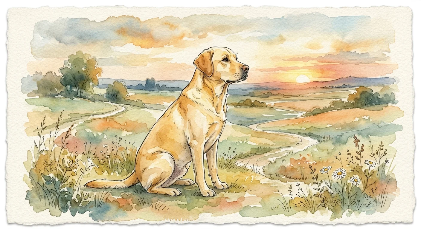 Watercolor illustration of a yellow Labrador Retriever sitting peacefully in a golden field.