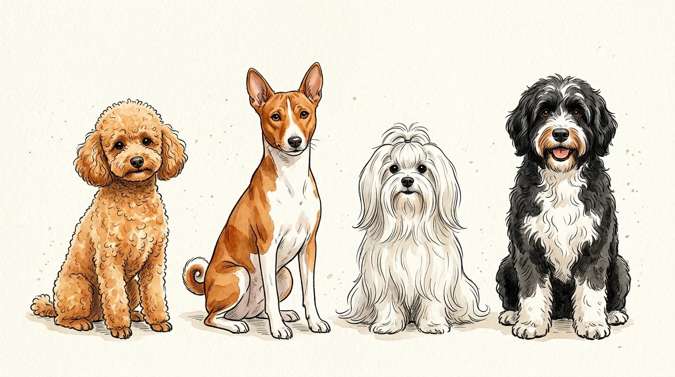 Watercolor illustration of four low-shedding dogs: a Poodle, Basenji, Maltese, and Portuguese Water Dog, sitting in a row.