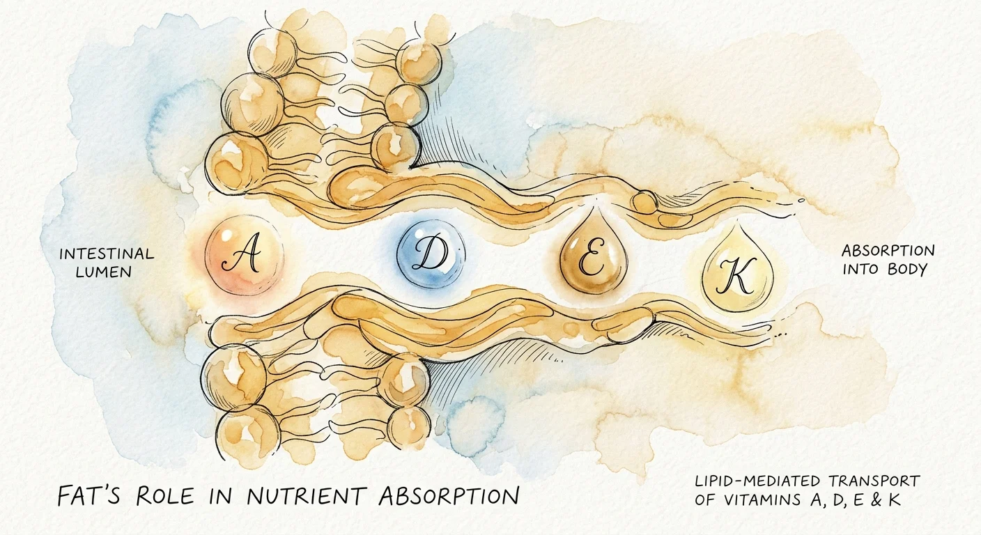 Watercolor illustration of vitamins A, D, E, and K passing through a stylized golden cellular lipid membrane.
