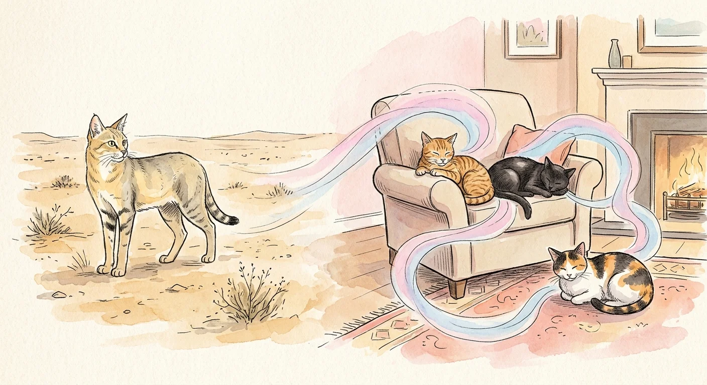 Watercolor illustration showing a solitary wildcat on the left transitioning to three cozy domestic cats sharing a scent profile on the righ