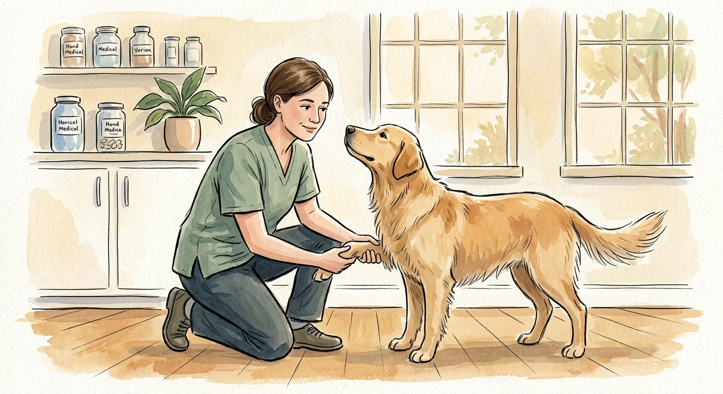 Whimsical gouache illustration of a veterinarian gently examining a golden retriever in a warm, welcoming clinic.