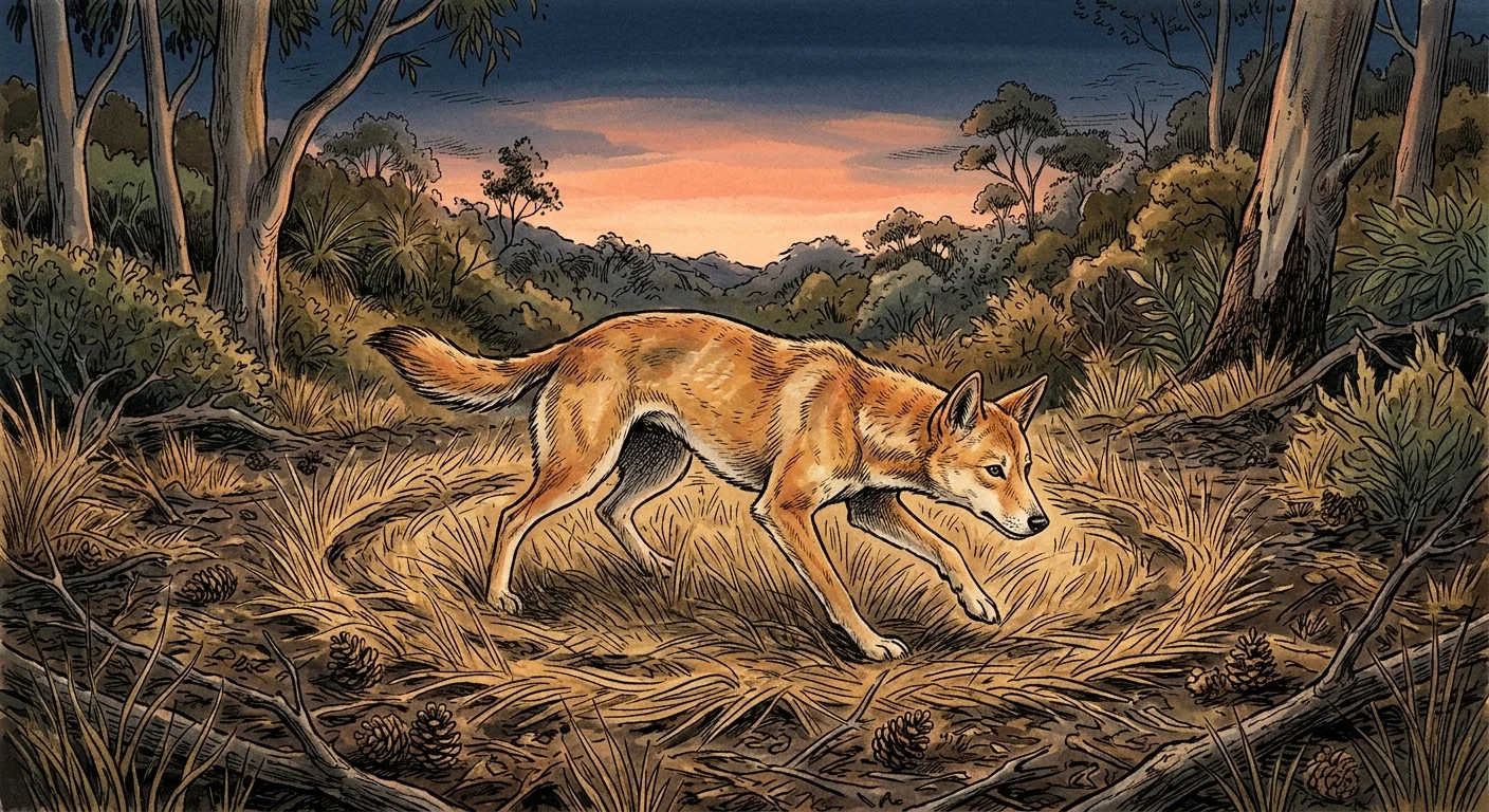 Whimsical gouache illustration of a wild dingo clearing dry grass and debris in a circular motion at twilight.