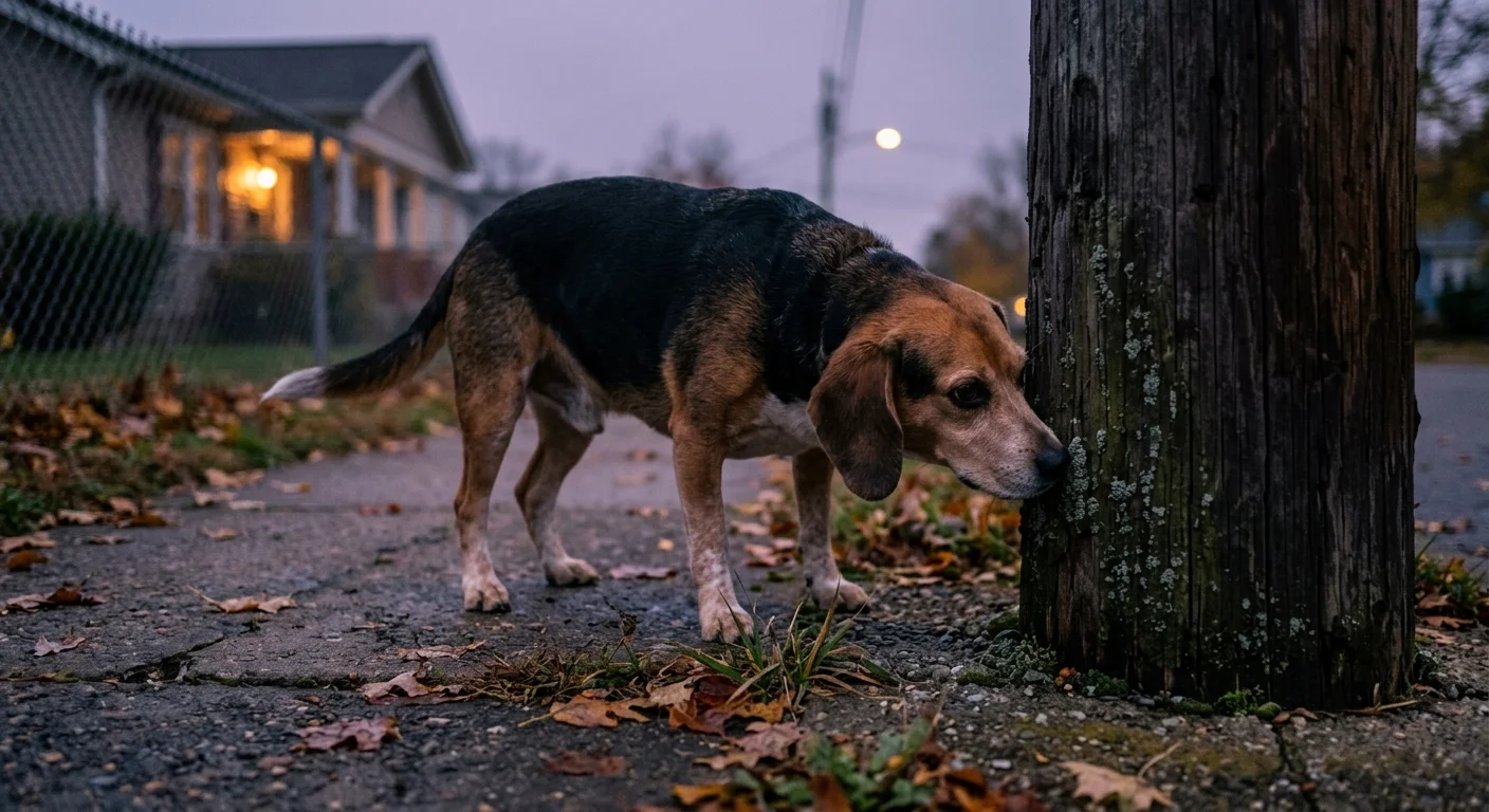 A hound dog sniffs the base of a wooden utility pole on a leaf-strewn sidewalk at dusk.