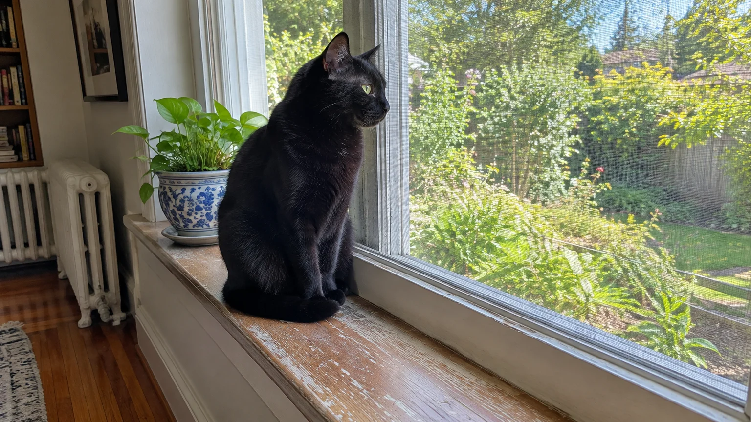 A black cat sits on a wooden window sill looking outside through a window screen at a green garden.