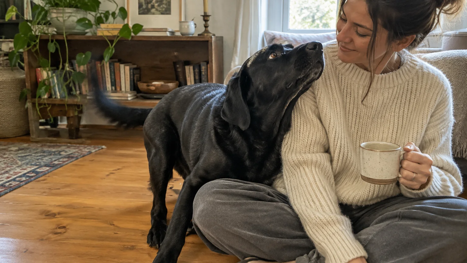 A black dog leans in close and looks up at a smiling woman holding a mug while sitting on a wooden floor.