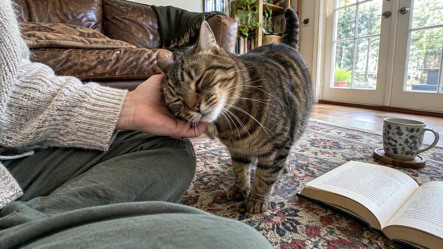 A tabby cat happily rubs its chin against a person's hand while standing on an ornate rug near a book and mug.