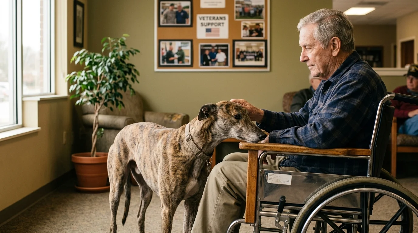 A senior man in a wheelchair pets a brindle Greyhound resting its head on his armrest in a support center room.