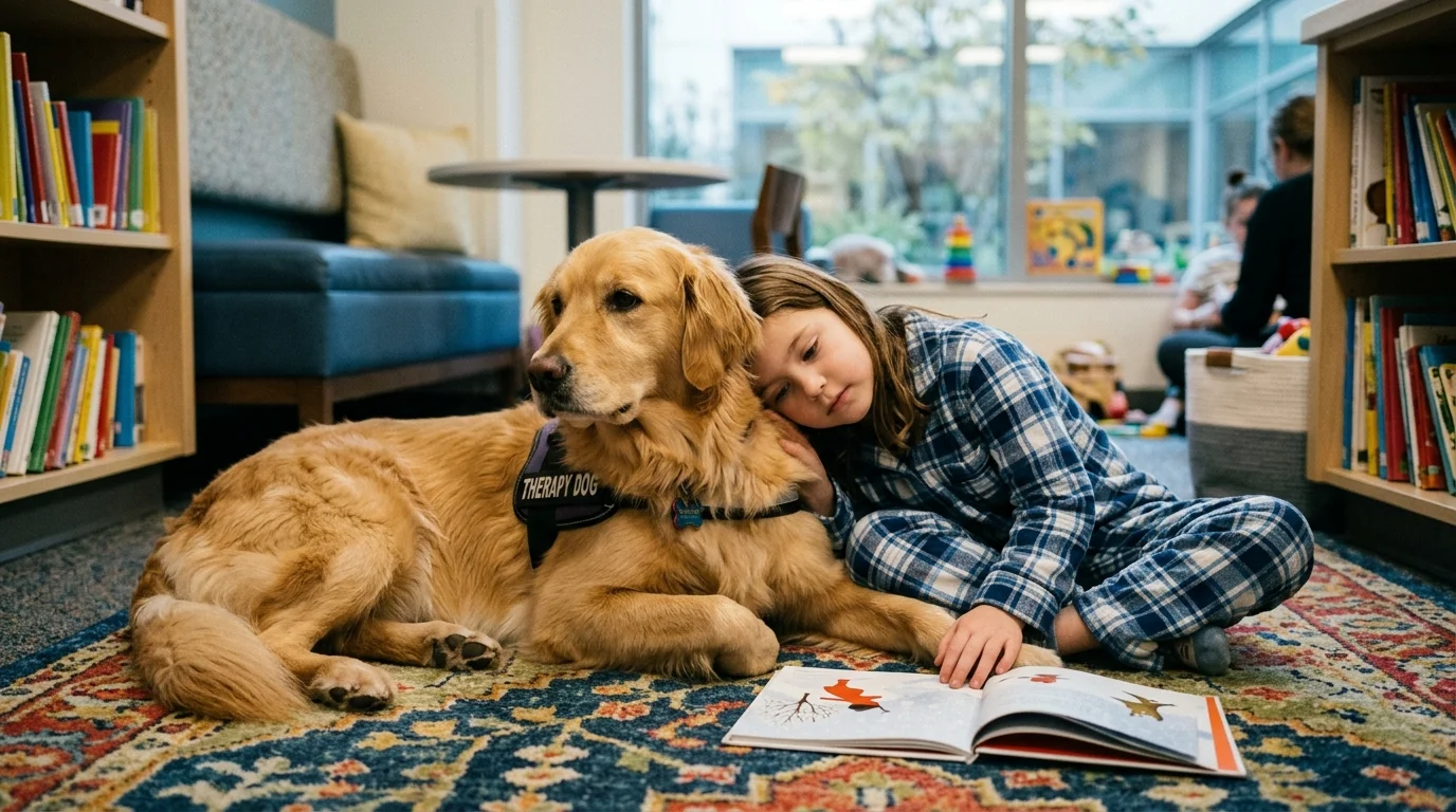 A girl in plaid pajamas rests her head against a golden retriever wearing a therapy dog vest on a library rug.