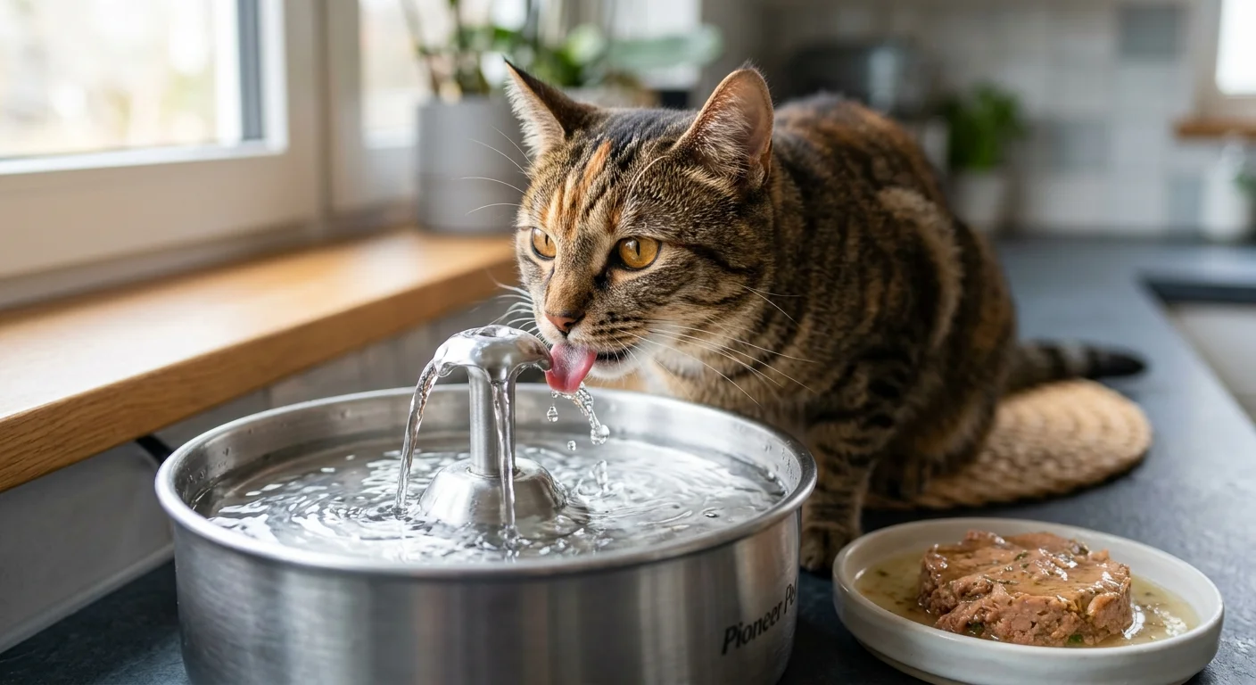A tabby cat drinks from a stainless steel pet water fountain beside a dish of wet food on a counter.