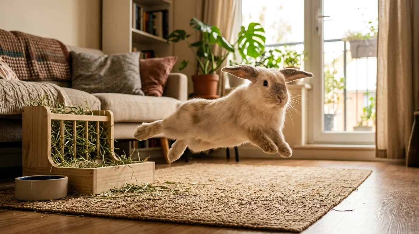 A fluffy rabbit leaps horizontally mid-air above a rug in a sunlit living room near a wooden hay feeder.