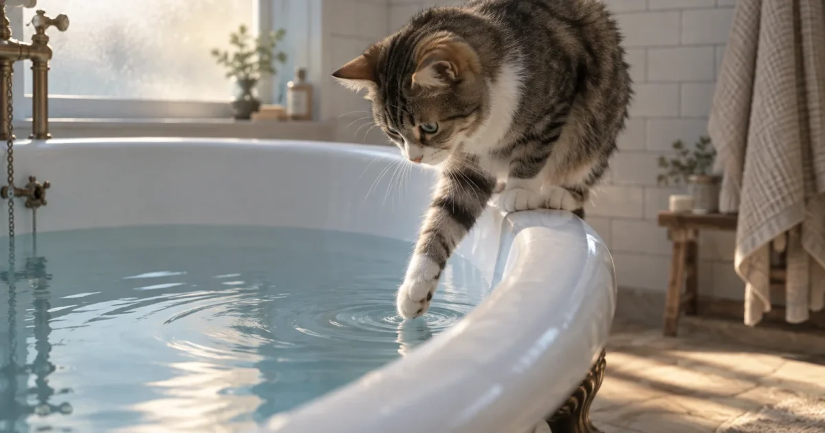 A tabby and white cat balances on a bathtub rim, dipping one paw into filled water.