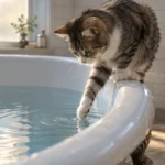 A tabby and white cat balances on a bathtub rim, dipping one paw into filled water.