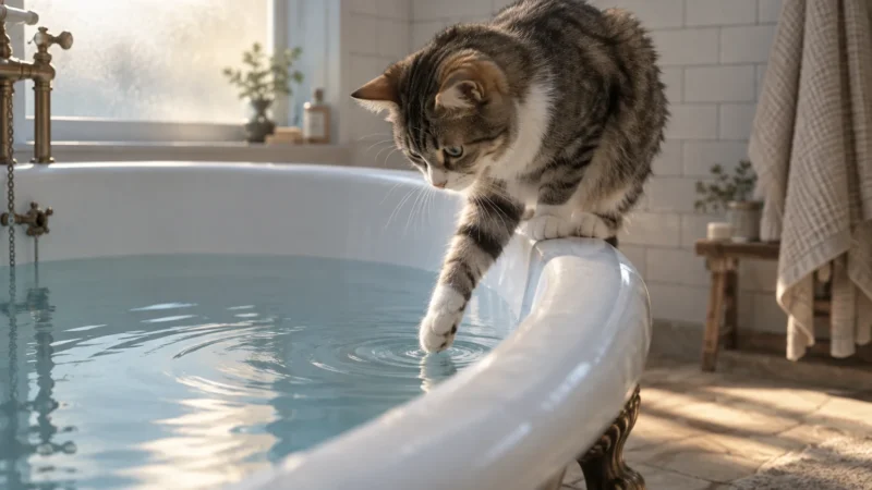 A tabby and white cat balances on a bathtub rim, dipping one paw into filled water.